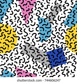 Black and white geometric memphis pattern with wavy lines, dots and color shapes. 80s and 90s graphic design style. Vector seamless background.