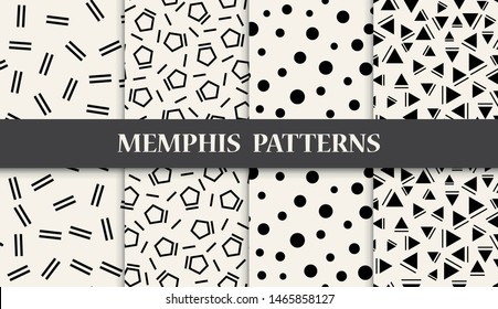 black and white geometric memphis style seamless pattern set for graphic design, background, abstract decoration , retro fabric
