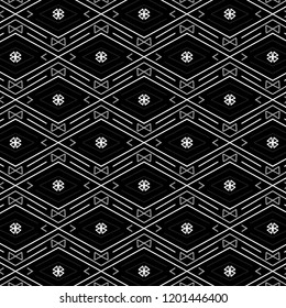Black & white geometric modern repeating pattern of diamonds, lines and triangles  for textile, fabric, backdrops, backgrounds, wallpapers and elegant surface designs. pattern swatch at eps. file
