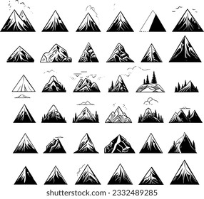 black and white geometric mountain icon set, Set of monochrome landscapes in geometric shapes circle, Natural sceneries with wild pine forests