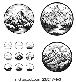 conjunto de iconos geométricos de montaña en blanco y negro, conjunto de paisajes monocromos en circulo de formas geométricas, paisajes naturales con bosques de pino silvestres