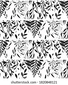 Black and white geometric natural pattern. Silhouette of fern, leaves, twig and grass in triangles on a white background. Vector natural texture for fabrics, wallpapers and your creativity