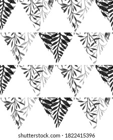 Black and white geometric natural pattern. Silhouette of fern with leaves and grass in triangles on a white background. Vector natural texture for fabrics, wallpapers and your creativity