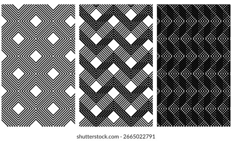 Black and White Geometric Optical Illusion Seamless Pattern Collection – Abstract Line Art Backgrounds