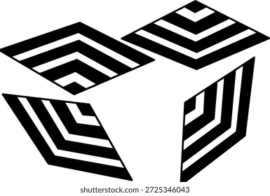 Cubo de ilusión óptica geométrica en blanco y negro con caras de rayas llamativas, diseño minimalista de arte superior que crea profundidad, perspectiva y estilo abstracto moderno.