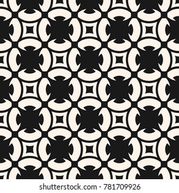 Black and white geometric ornament. Monochrome seamless pattern. Abstract texture with carved floral shapes, rounded grid, mesh, squares. Ornamental repeat background. Design for decor, tiling, fabric