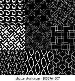 Black and white geometric ornaments. Collection of classic seamless patterns for web, textile and wallpapers