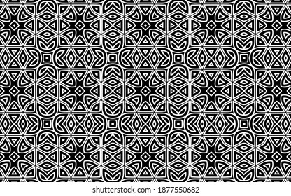 Black white geometric pattern of abstract shapes in oriental folk traditions Ethnic background for design and decor, wallpaper, business cards, textiles and coloring book.