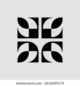 A black and white geometric pattern composed of interlocking squares and leaf-like shapes.