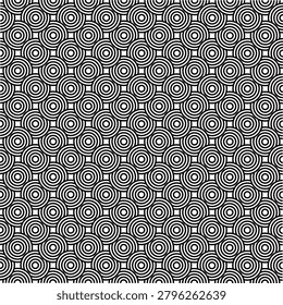 Black and white geometric pattern with concentric circles and squares seamless pattern