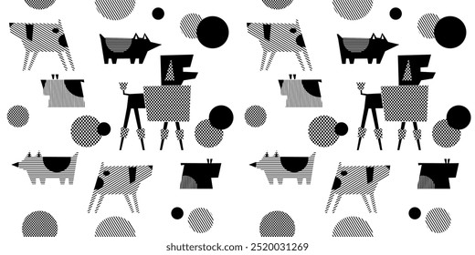 Black and white geometric pattern: dogs and geometric shapes. Vector illustration for textile.