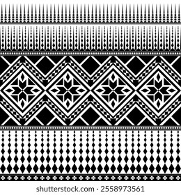 A Black and white geometric pattern featuring diamonds, stars, and floral designs. This intricate textile design showcases blend of shapes and motifs, perfect for various creative projects