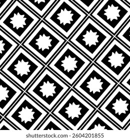 Black and white geometric pattern featuring repeating squares with love  shapes inside, illustration.