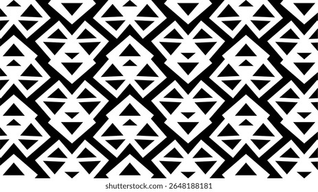 Padrão geométrico preto e branco com formas de diamante repetidas e recortes triangulares. O design arrojado e simétrico cria um ritmo visual impressionante com uma estética tribal ou abstrata.