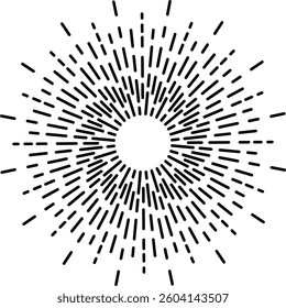 Black and white geometric pattern forming a starburst or sun with radiating lines emanating from a central circle, ideal for backgrounds, logos, and graphic design