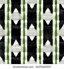 Black and white geometric pattern with green accents, grunge lines ikat pattern, striped seamless pattern, Vector illustration background for print the paper.