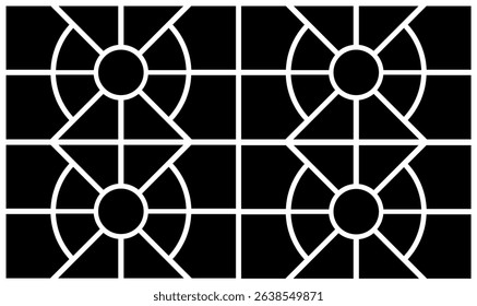 A Black and White Geometric Pattern with Grid and Radial Designs. blank collage frame photo part or picture Vector mockup. frame. picture college. picture frames.