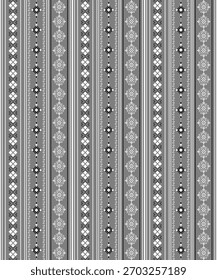 Black and white geometric pattern inspired by traditional tribal weaving. Vertical stripe textile design with diamond and arrow motifs in pixel art style. Seamless ethnic background, minimal abstract 