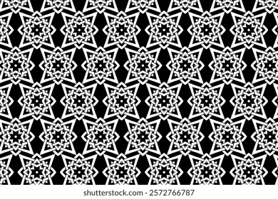 Black and white geometric pattern with interlocking star shapes.