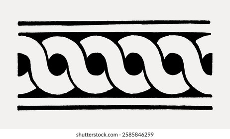 Black and white geometric pattern with interlocking wave shapes. The pattern features bold, repetitive wave designs in a horizontal format. Decorative and abstract. Vintage art illustration, vector.