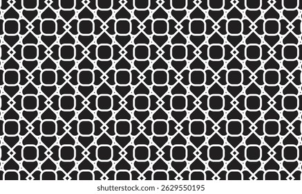 A black and white geometric pattern with interlocking diamond shapes creating a grid-like design.