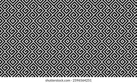 Black and white geometric pattern with intricate diamond and spiral designs.