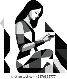 Black White Geometric Pattern Low Polygon Girl having mobile in hand