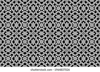 Patrón geométrico blanco negro. Motivos orientales, islámicos, árabes y maracanes. Origen étnico abstracto. Plantilla para colorear, presentaciones, papel pintado, textiles.