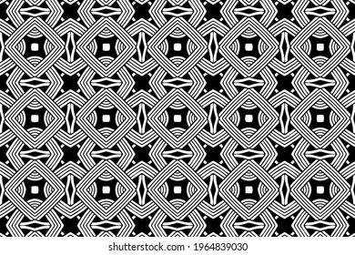 Patrón geométrico blanco negro. Motivos orientales, islámicos, árabes y maracanes. Origen étnico-moderno y rizado. Plantilla para colorear, presentaciones, papel pintado, textiles.