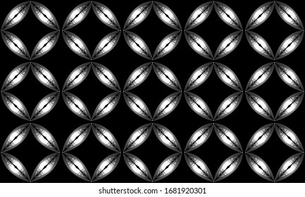 Color blanco y negro adorno geométrico, patrón blanco sobre fondo negro.