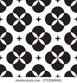 Black and white geometric pattern with overlapping circles and star shapes