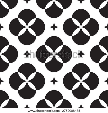 Black and white geometric pattern with overlapping circles and star shapes