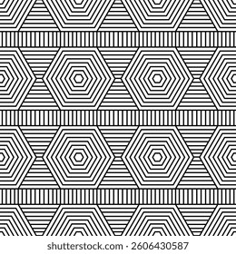 Black and white geometric pattern with repeating hexagons. Suitable for backgrounds, textiles, and modern designs in interior decoration and packaging.