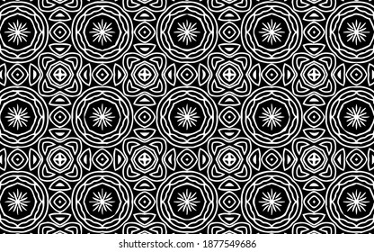 Black white geometric pattern of shapes and abstract original flowers in oriental folk traditions.Vector graphics for design and decor, wallpapers, business cards, textiles and coloring book.