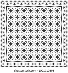 Black and white geometric pattern for textile fabric or paper print. Tribal ethnic ornament with frame border. Bandana shawl, tablecloth, silk neck scarf, kerchief design. Vector fashion illustration