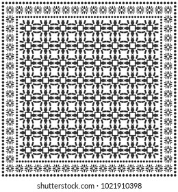 Black and white geometric pattern for textile fabric or paper print. Tribal ethnic ornament with frame border. Bandana shawl, tablecloth, silk neck scarf, kerchief design. Vector fashion illustration