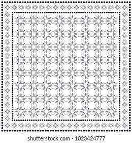 Black and white geometric pattern for textile fabric or paper print. Tribal ethnic ornament with frame border. Bandana shawl, tablecloth, silk neck scarf, kerchief design. Vector fashion illustration