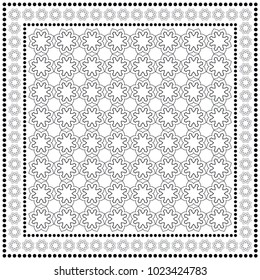 Black and white geometric pattern for textile fabric or paper print. Tribal ethnic ornament with frame border. Bandana shawl, tablecloth, silk neck scarf, kerchief design. Vector fashion illustration