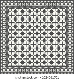 Black and white geometric pattern for textile fabric or paper print. Tribal ethnic ornament with frame border. Bandana shawl, tablecloth, silk neck scarf, kerchief design. Vector fashion illustration