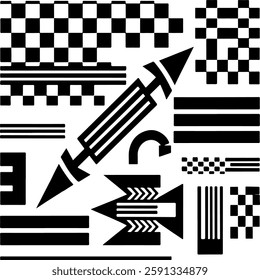 Black and white geometric pattern with various shapes including stripes, checks, arrows, and a central elongated shape.