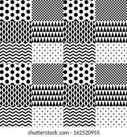 Black and white geometric patterned squares seamless pattern, vector