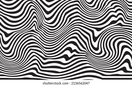 Patrón geométrico en blanco y negro,Bandas de onda de curva geométrica, diseño gráfico de fondo vectorial diagonal.Movimiento geométrico dinámico de ondas, franjas de curva, líneas de deformación.Fondo de arte óptico.