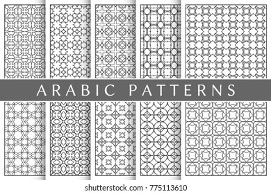 Black and white geometric patterns set in arabian style. Stylish graphic monochrome linear backgrounds collection, line art. Tribal ethnic arabic, indian ornamental decoration, isolated elements