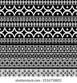 Schwarz-Weiß-geometrische Muster, die traditionell, ethnisch, Navajo oder Indianer sind. Designs für Kleidung, Vorhänge, Teppiche, Sarongs, Hmong und Stoffränder.