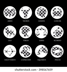 Black and white geometric polygon zodiac signs and icons