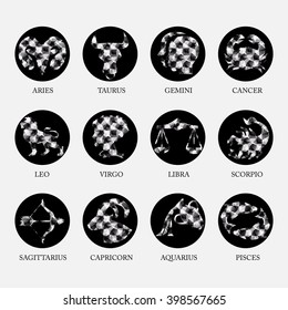 Black and white geometric polygon zodiac signs and icons