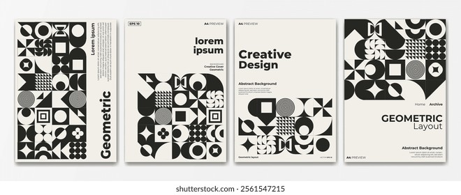 black and white geometric poster set with a4 format preview. Retro black and white geometric Bauhaus pattern background. Square, circle, semicircle, triangle and square line pattern