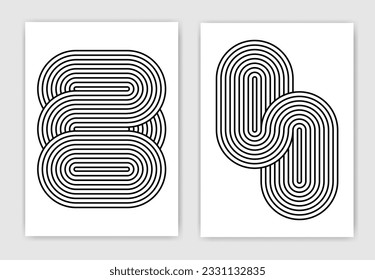 Afiches geométricos en blanco y negro con líneas. Resumen de arte en la pared.	