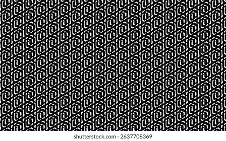 Black and White Geometric Repeating Hexagon Pattern Design, Abstract Monochrome Background with Intricate Linked Shapes for Seamless Texture or Modern Graphic Element