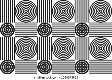 Black and white geometric seamless background pattern with concentric circles and parallel lines.  Grayscale tiled vector pattern of abstract shapes and squares.